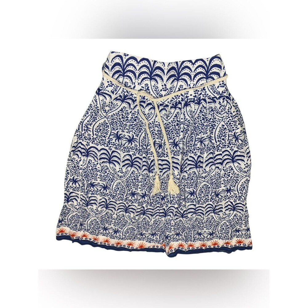 Linen Blend Blue & White Printed Drawstring Skirt w/pockets S Resort Vacation